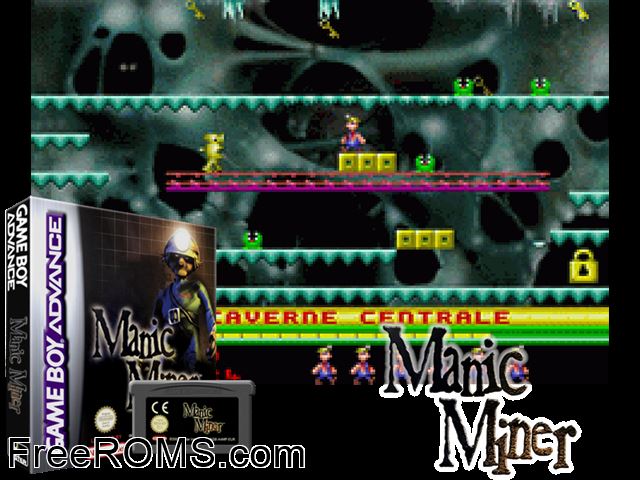 Manic Miner Gameboy Advance game showing 3D box cover and gameplay screenshot
